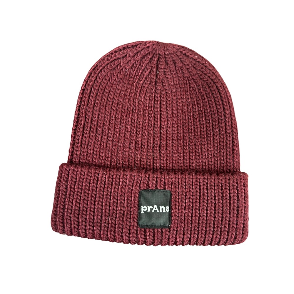 prAna Burgundy Recycled Polyester Ribbed Knit Logo Patch Beanie Hat 2045931